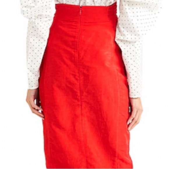 CARMEN MARCH red linen high rise gathered waist fitted midi slit pencil skirt - Picture 3 of 9